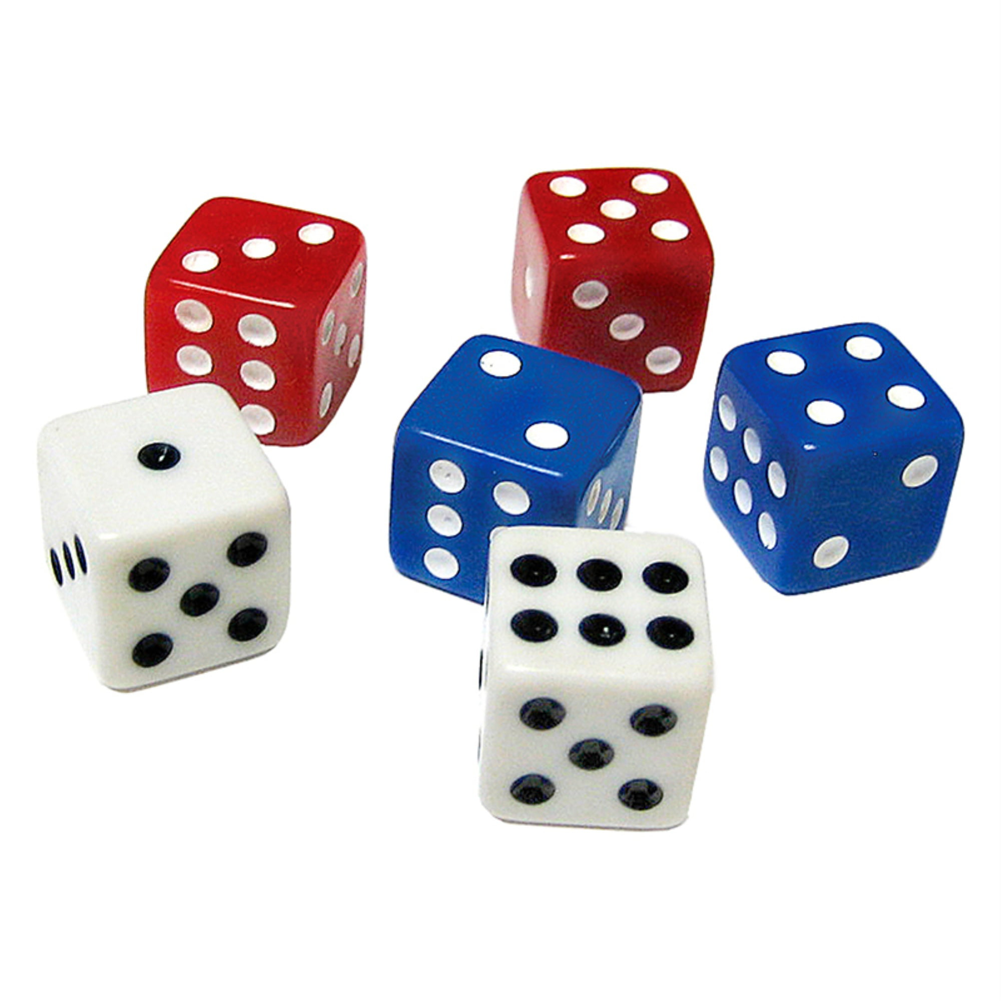 NEW 18 ASSORTED OPAQUE DICE 16MM RED WHITE AND BLUE 3 COLORS 6 OF EACH COLOR 