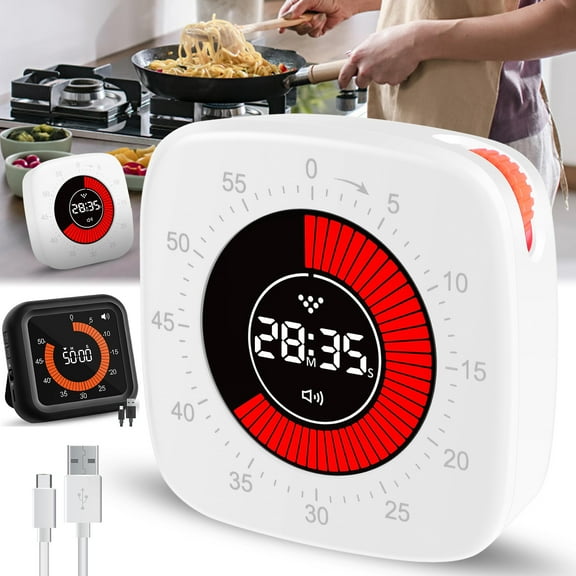 Visual Timer Portable Digital Timer USB Rechargeable 60 Minute/12 Hour Cooking Timer Magnetic Classroom Timer with Bracket Silent Desk Countdown Timer 4 Alarm Mode