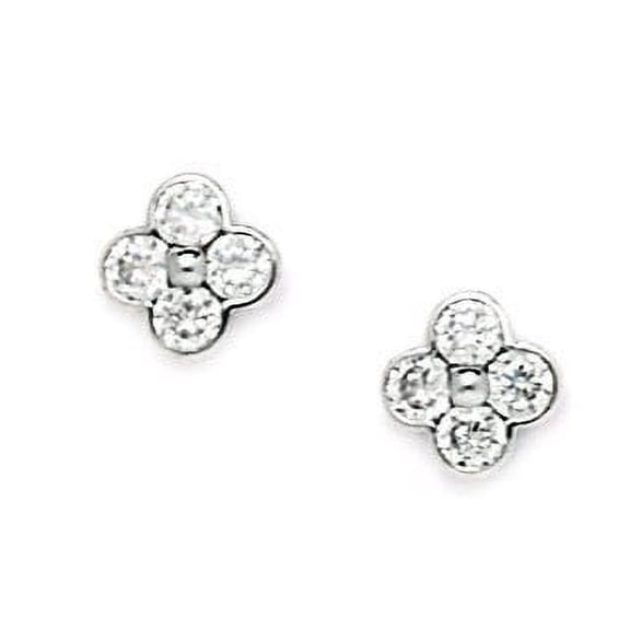 14k White Gold Cubic Zirconia Medium 4 Petal Flower Screw-Back Earrings - Measures 8x8mm