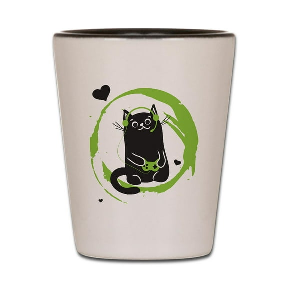 CafePress - Gamer Cat - White/Black Shot Glass, Unique and Funny Shot Glass
