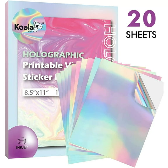 Koala Holographic Sticker Paper for Inkjet Laser Printers - 20 Sheets Rainbow Waterproof Glossy Printable Vinyl Sticker Paper 8.5x11