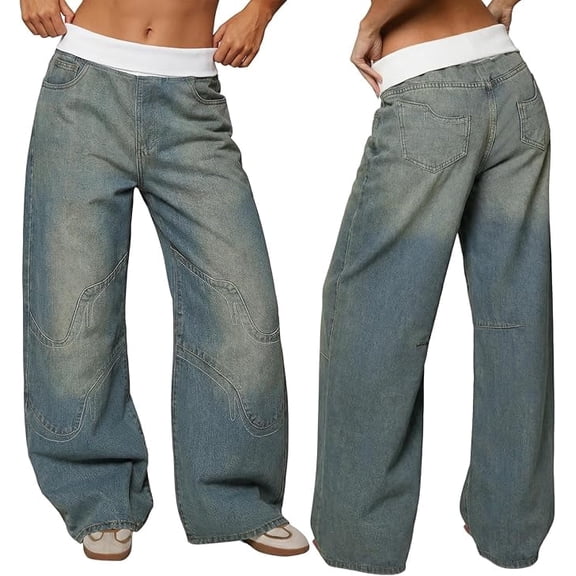 EMMIOL Women's Y2K Vintage High-Waisted Baggy Wide-Leg Jeans Contrast Wave Stitching Washed Denim Pants Streetwear