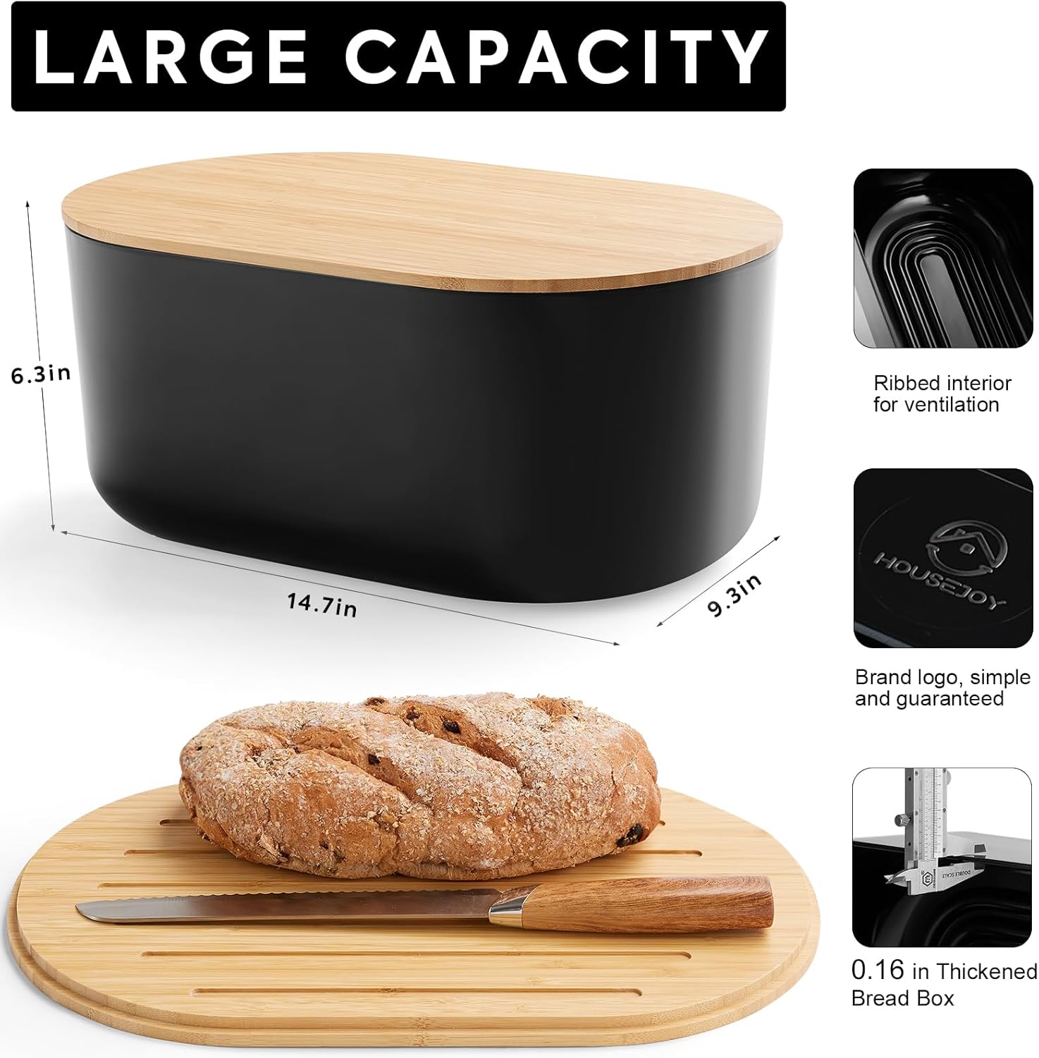 Large Bread Box for Kitchen Countertop,Fiber Bread Box With Thick Cutting Board Lid-Includes,Black Bread Storage for Homemade Container,Corner Bread Holder for Toast Bagel Donut Cookies