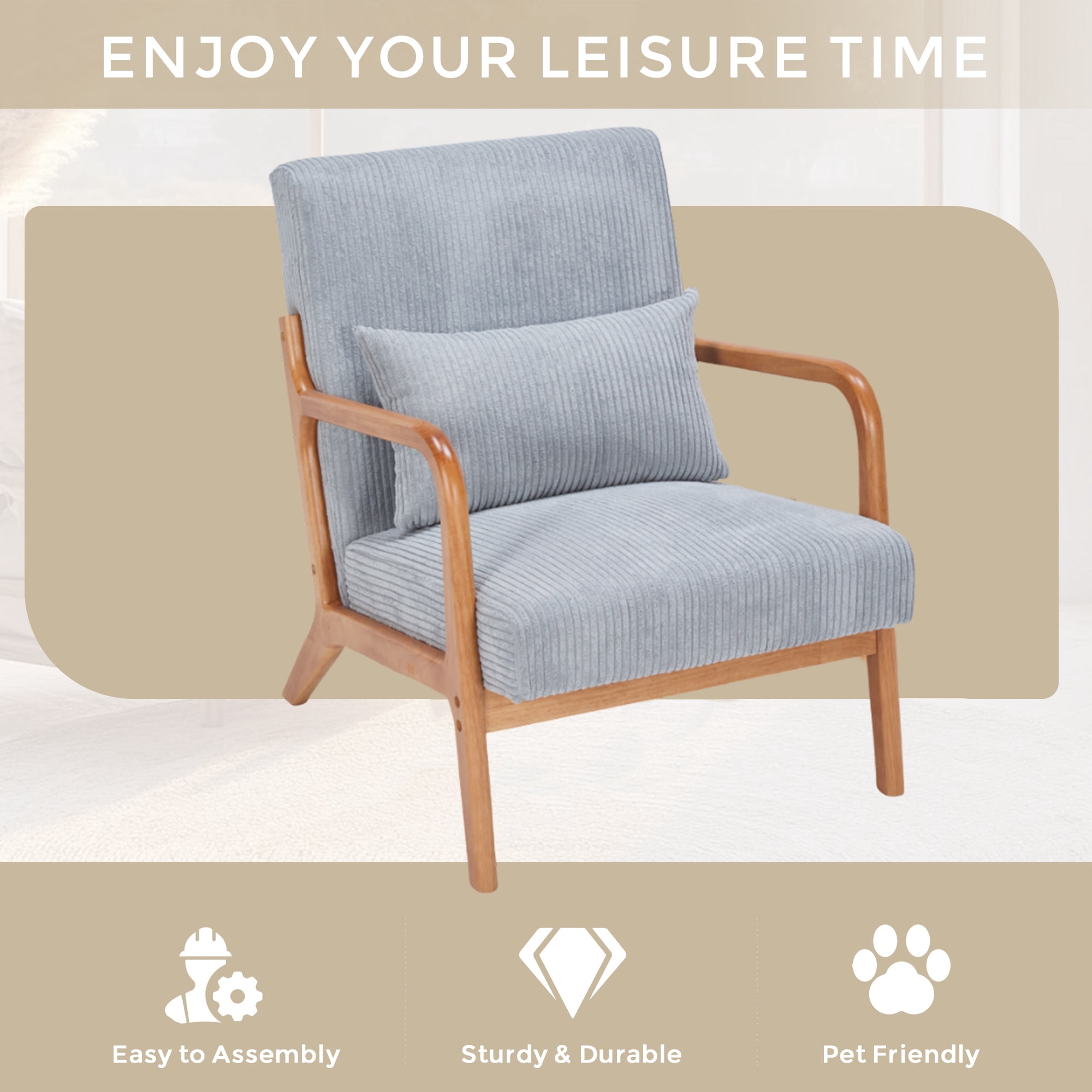 MOONMISS Corduroy Upholstered Mid-Century Modern Wood Frame Single Armchair-Light Gray