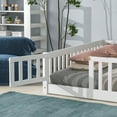 thumbnail image 3 of Queen Size Floor Bed for Kids, Wood Platform Bed with Fence and Door, Montessori Bed Frame with Slats Support, Playhouse Bed with Door Design, for Toddler, Boys,Girls,No Box Spring Needed, White, 3 of 9