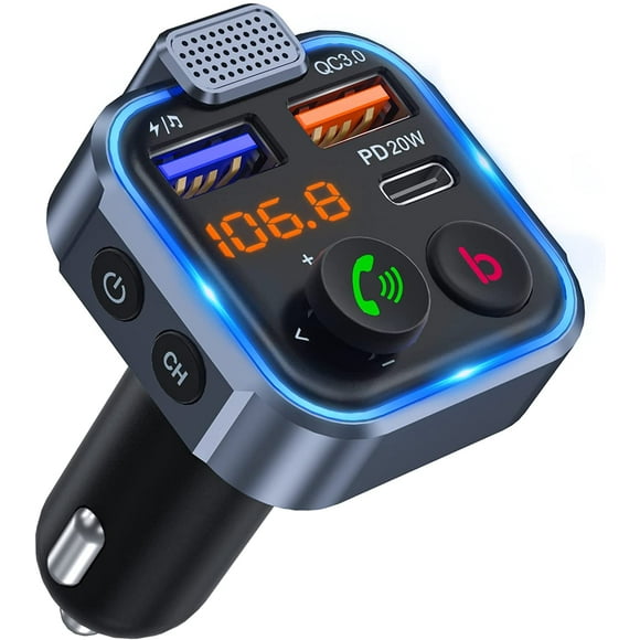 Jinsinto Car Bluetooth FM Transmitter, Bluetooth 5.0 Cigarette Lighter Radio Transmitter, PD 20W Type C+ QC3.0 Fast Car Charger