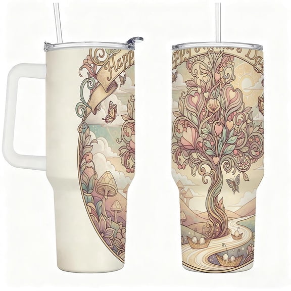 Stainless Steel Insulated Tumbler with Handle, Lid & Straw, Heart Tree Mother’s Day Design, Double Wall Hot & Cold Travel Cup Gift for Women