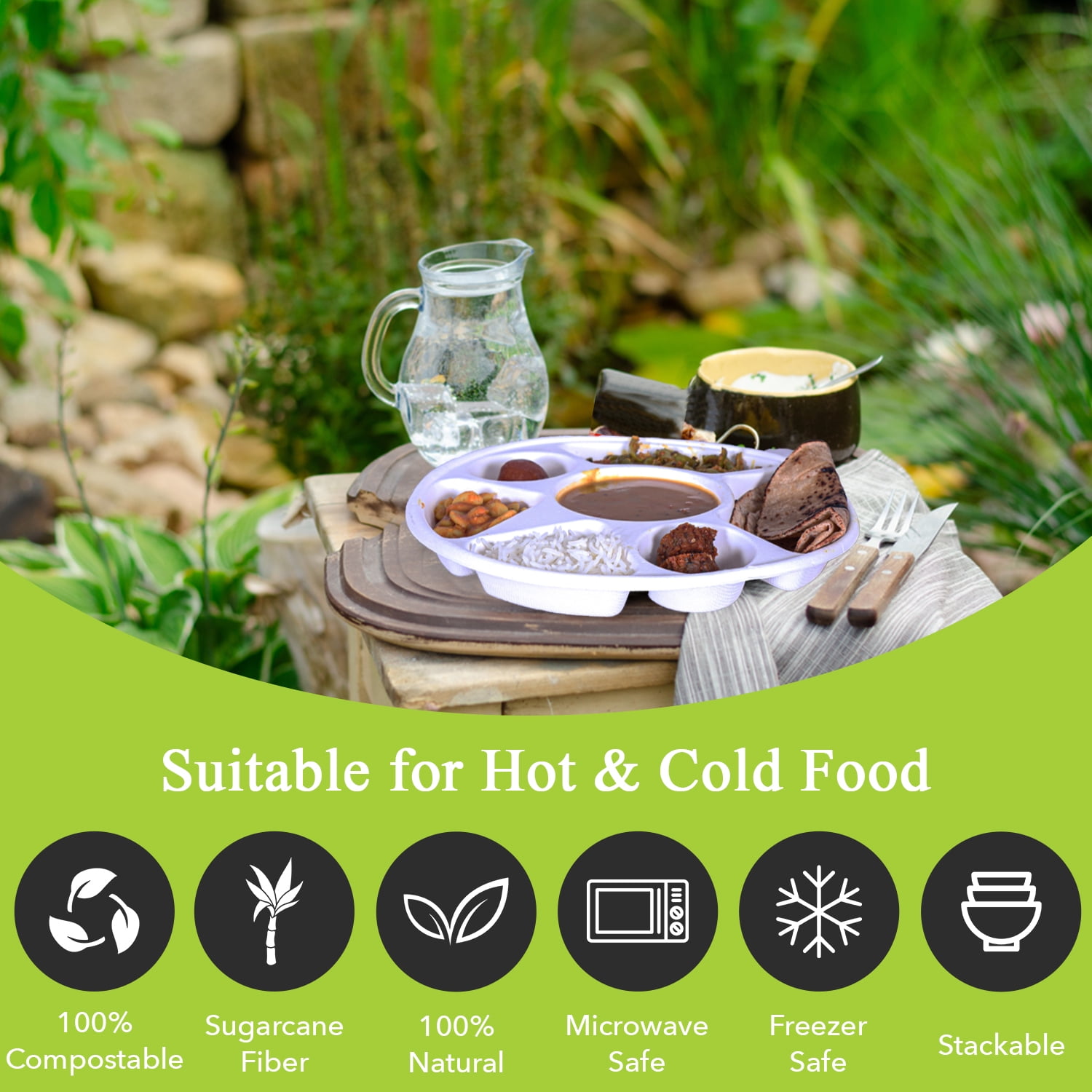 Three Leaf 7 Compartment Bagasse Round Plate, 200 ct, White, Eco-Friendly Disposable