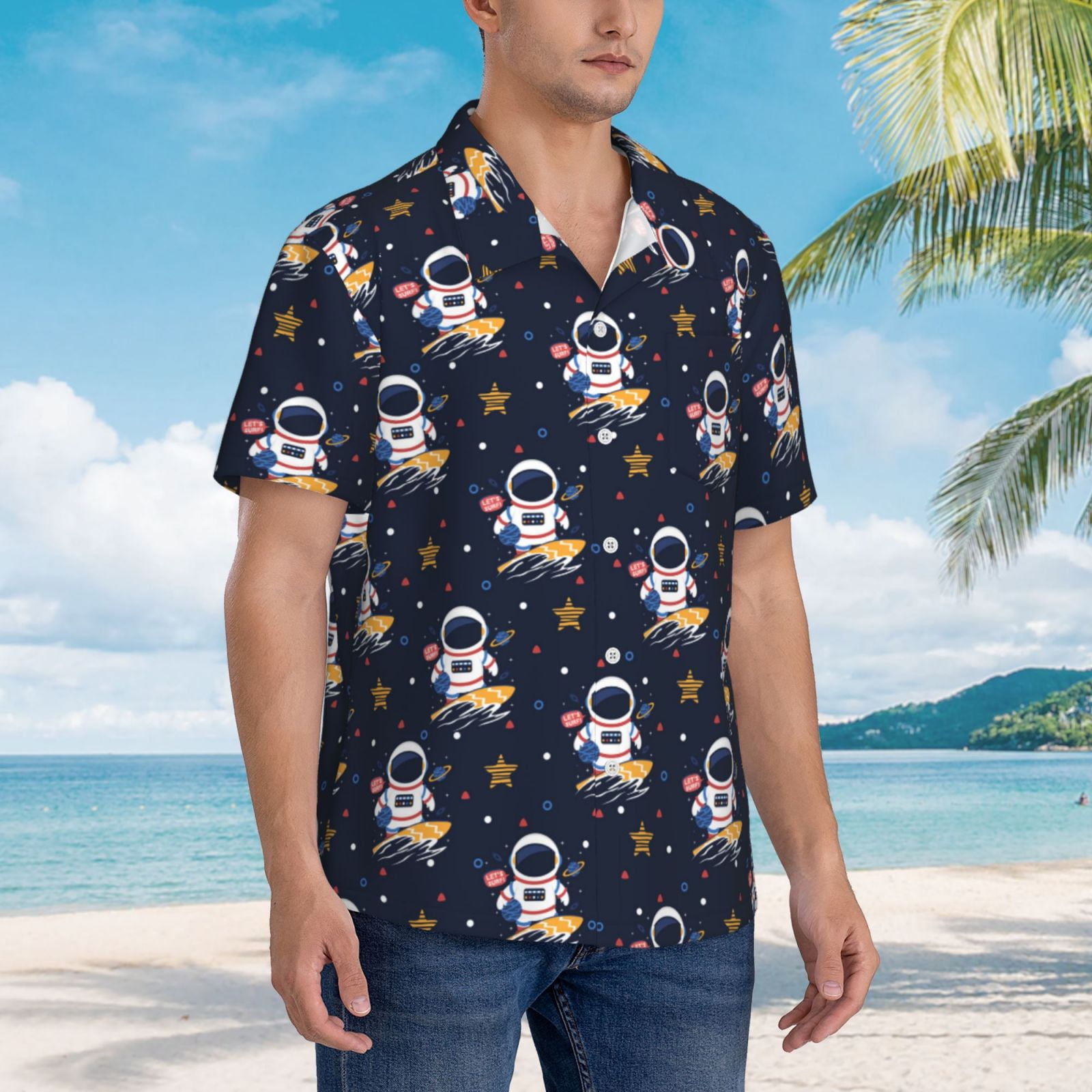 Gukieu Astronaut Surfing Print Men's Short-sleeved Shirts, Button-down Lapel Hawaiian Shirts, T-shirts, Beach Vacation Summer Casual Wear,3X-Large