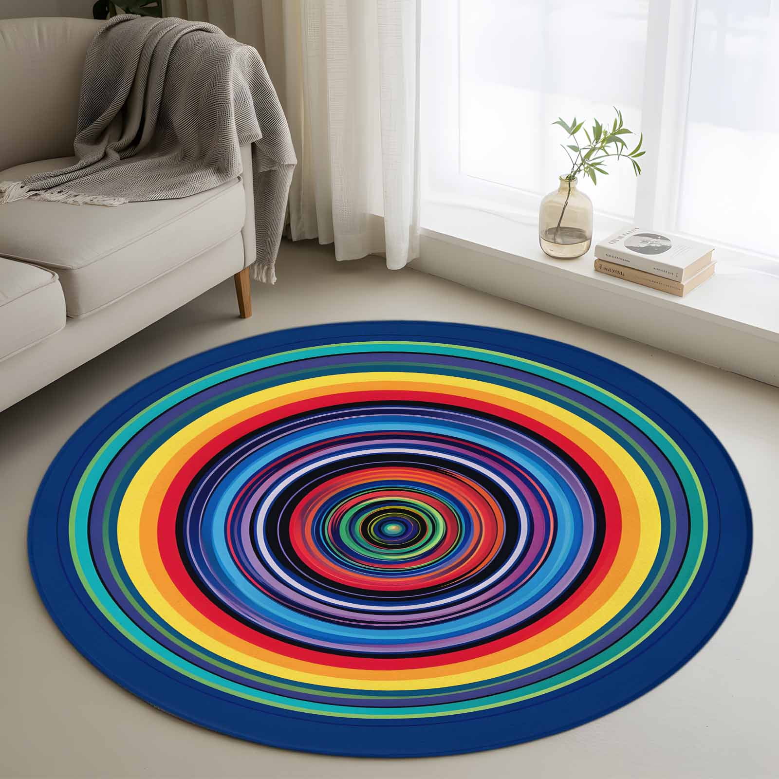 Rainbow Circle Round Living Room Rugs 4 ft Vintage Colorful Stripes Texture Washable Area Rug with Non-Slip Sturdy Edge Binding Round Carpet for Entryway Kitchen Bedroom Bathroom