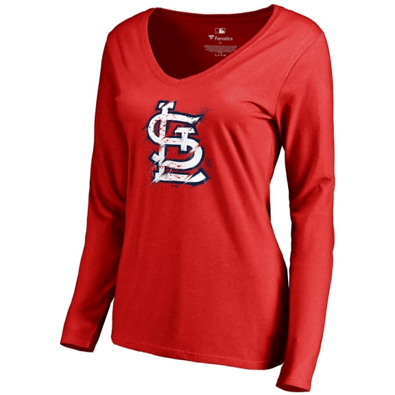 Women's Red St. Louis Cardinals Splatter Logo Long Sleeve V-Neck T-Shirt