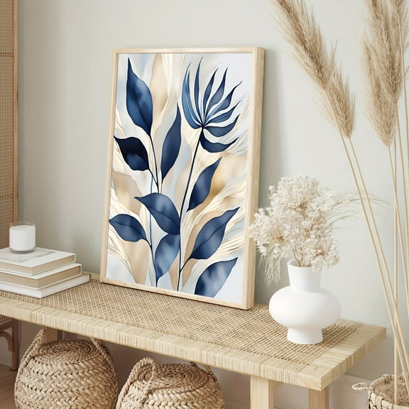 3pcs Set Of Blue Gold Watercolor Botanical Wall Art, Flower Abstract Wall Art, Modern Living Room Wall Decor, Blue Leaf Bedroom Poster, Frameless Canvas Poster, Ideal Gift, Wall Art Print, Living Ro