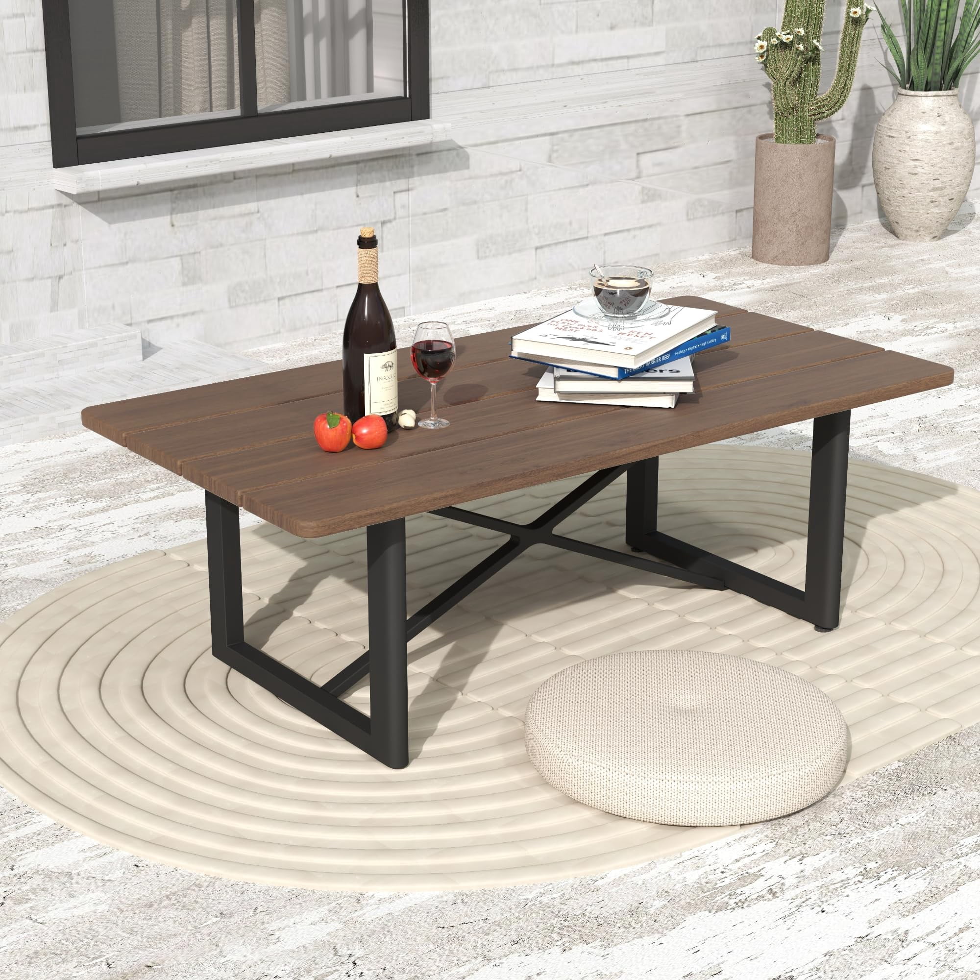 Aluminum Outdoor Patio Coffee Table with Acacia Wood Top, Rectangle Table, Weather-Resistant for Garden, Balcony, Backyard