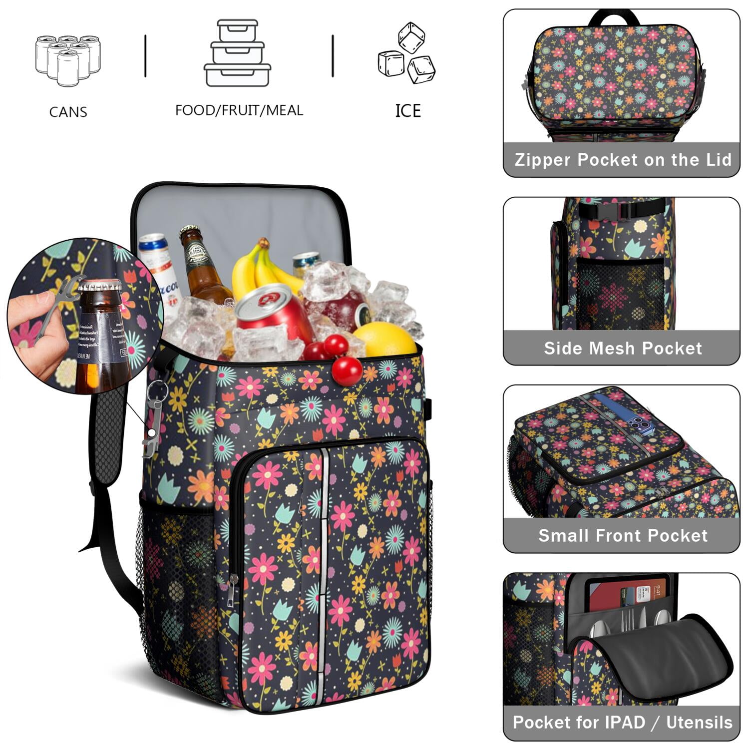 Retro Boho Daisy Floral Insulated Backpack Cooler, Leakproof Waterproof Lunch Bag for Women, Men, Outdoor Work, School, Office, Picnic