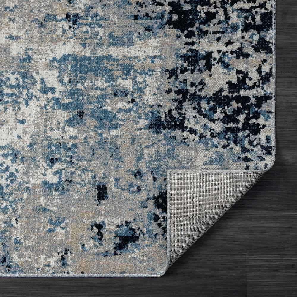 LR Home Han 5' x 7' Blue/Beige Abstract Machine Washable Indoor Area Rug