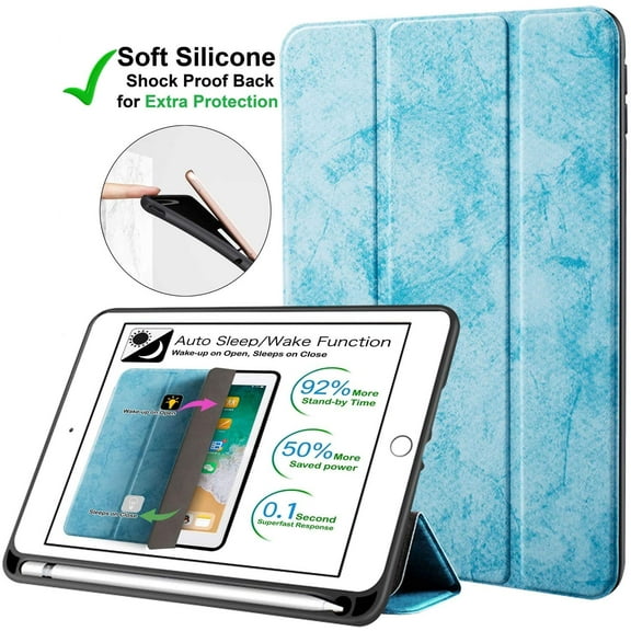 iPad 5th 2017 / iPad 6th 2018-9.7 Inch [iPad 5 6 ] A1893 A1822 A1954 MP242LL/A MP252LL/A MPGA2LL/A MRM52LL/A MR702LL/A MR6Y2LL/A Protective Durable TPU Silicone Back Case Pencil Holder - Sky Blue