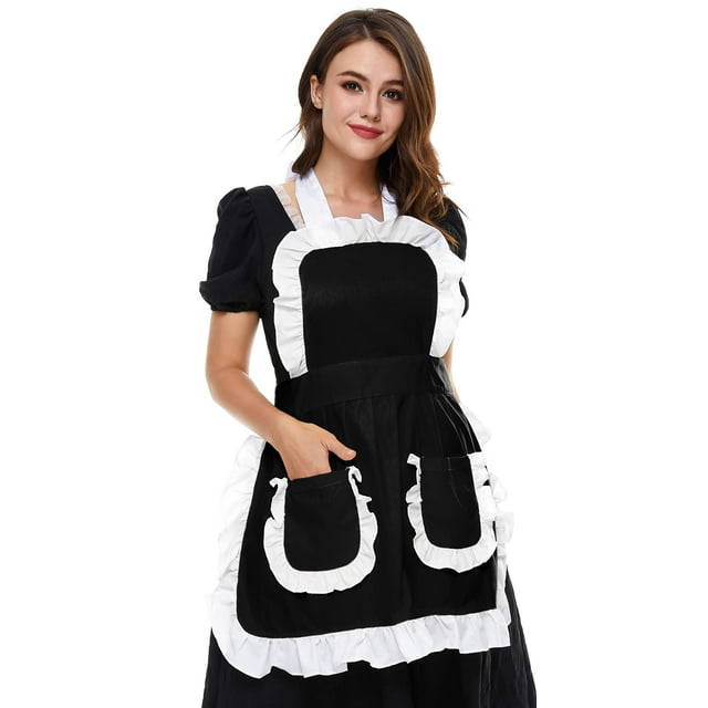 Lilments Delantal Retro Con Bolsillos Y Volantes Para Mujer, Disfraz De Sirvienta De Limpieza Para Cocina (Negro)