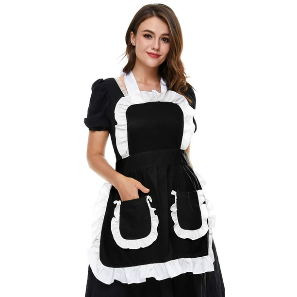 Lilments Delantal Retro Con Bolsillos Y Volantes Para Mujer, Disfraz De Sirvienta De Limpieza Para Cocina (Negro)