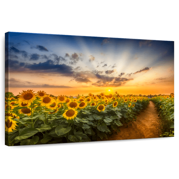 Elephant Stock Sunflower Field At Sunset The Secret Path Wall Art - Horizontal Canvas Wall Art - Living Room Wall Decor - Nature Canvas - Gray And Brown Decor By Melanie Viola - 12" x 8"
