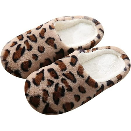 

shuwee Fuzzy Socks with Grips for Women Leopard Printed Fluffy Slippers Round Toe Flats Plus Velvet House Slippers House Bedroom Walking Shoes Arch Support