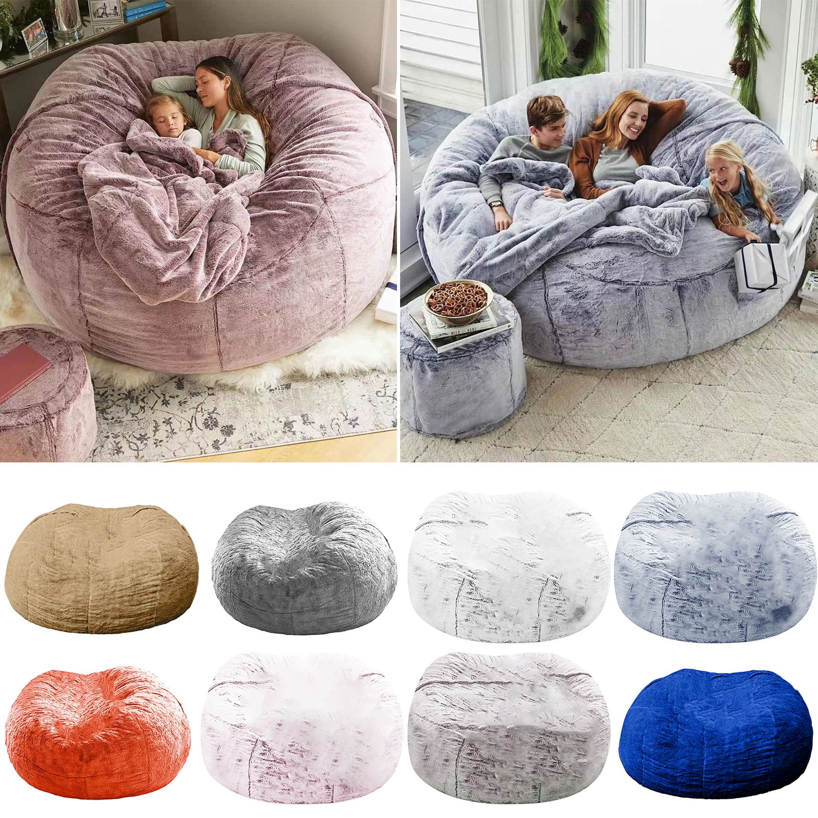 7FT Giant Bean Bag Chair Round Soft Fluffy Faux Fur BeanBag Lazy Sofa Bed  Cover | eBay