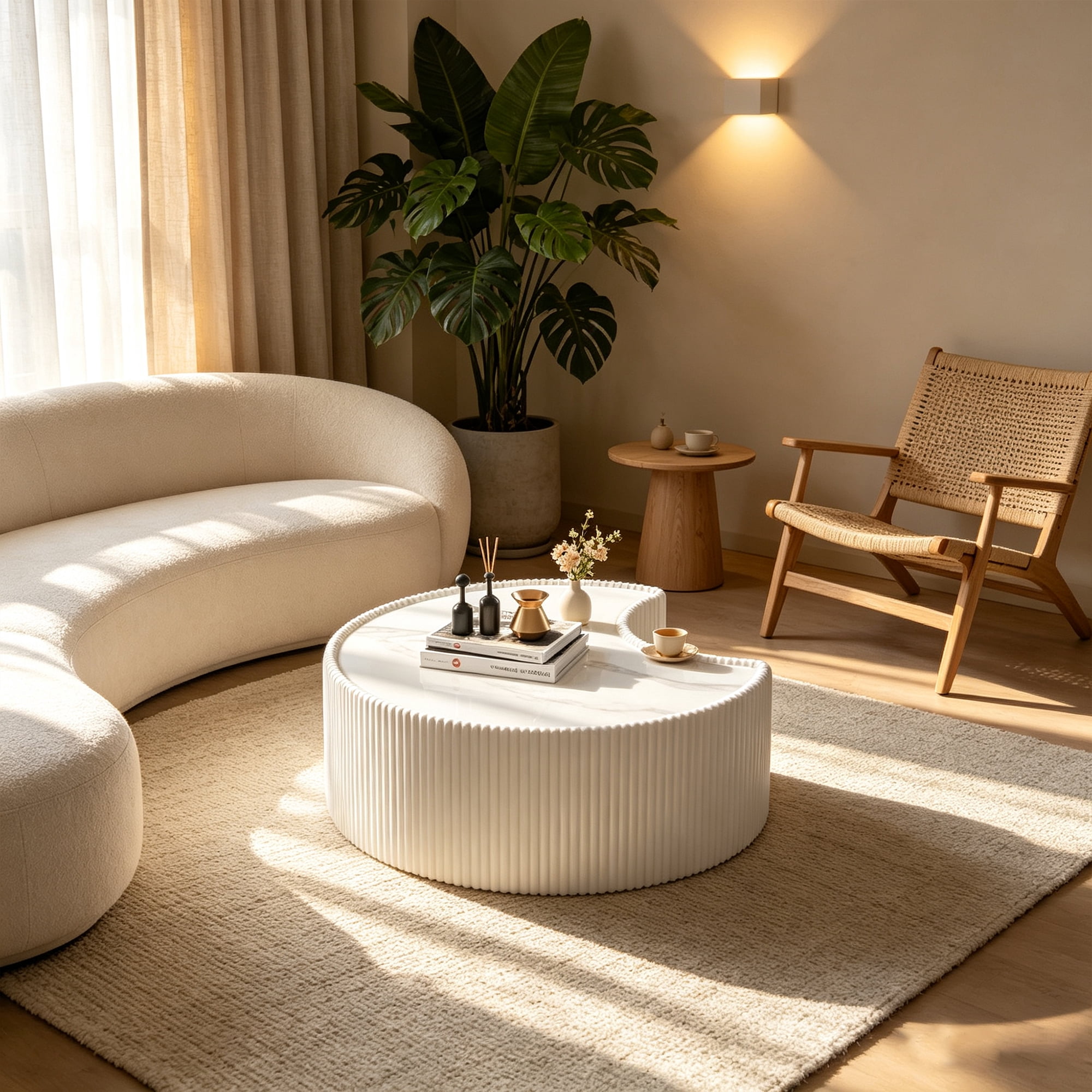 Sintered Stone Coffee Table 29.53 Inch, Irregular Shape Leather Top for Living Room Office, Cream White