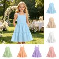 thumbnail image 6 of Teen Girl's Summer Sleeveless Loose Dress Square Neck Blue A-Line Dress With Pleated Decoration And Elastic Waistband Layered Ruffle Kawaii Mid Long Summer Dresses For 13-14 Years, 6 of 6