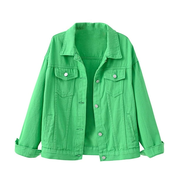 PEZHADA Denim Jacket for Women Long Sleeve Jean Jacket Button Up Frayed Hem Shacket with Pockets Green