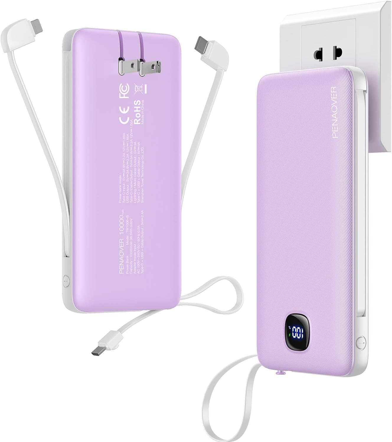 RGHJAR-Portable Charger with Built-in Cables&AC Wall Plug,Slim 10000mAh 22.5W Fast Charging Power Bank,5 Output 2 Input USB-C External Battery Pack Compatible with iPhones,Samsung,Android, etc