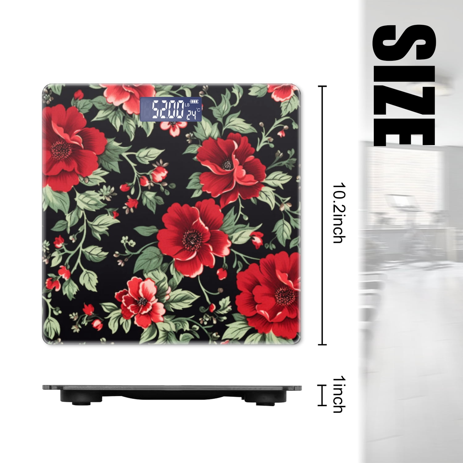 High Precision Body Weight Scale Smart Bathroom Scales with Large LCD Display(400lbs),Decorative for Bedroom-Red Flowers On Black