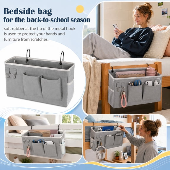 Dorm Room Essentials Fabric Bedside Caddy with Metal Hooks 14.5X8X4.5 Inches, Hanging Storage Organizer for College Dorm Bedside Pocket Organizer, Dorm Organization and Storage