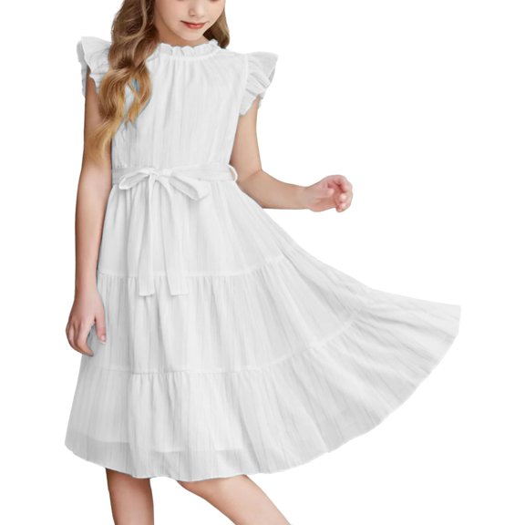 XXWXYD Tween Girls Summer Dress Formal Ruffl𝖾 Sleeve A Line Casual Elegant Dresses Belt Par𝗍y Sundress Swing 𝖥lowy Midi Dress Church School Wedding Special Occasion Everyday Wear Vacation