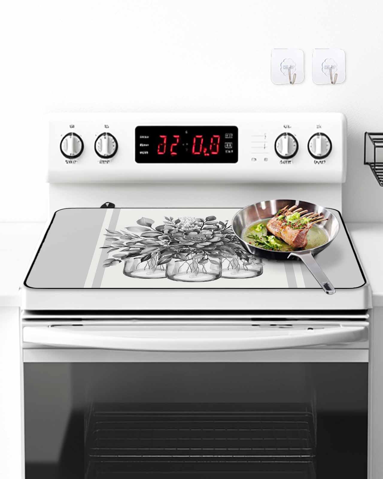 Stove Top Covers for Electric Stove, Eucalyptus Gray Glass Stovetop Cover Protector, Stripes Bottle Flower Cactus Plant Induction Cooktop Protector Oven Mat for Kitchen Countertop 24"x21"