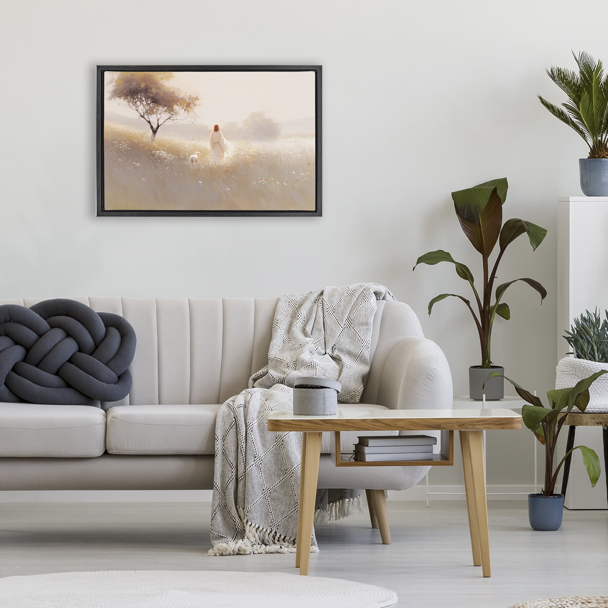 Stupell Industries Spiritual Shepherd & Lamb Black Framed Floater Canvas Wall Art, design by Jacky Ngan