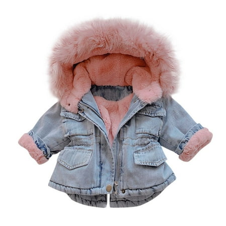 

HBYJLZYG Hoodies Denim Jacket Cardigans Button Padded Coat Toddler Child Baby Girl Furry Collar Detachable Hood Thick Fleece Warm Thick Jacket Acetate Fiber Cotton Coat