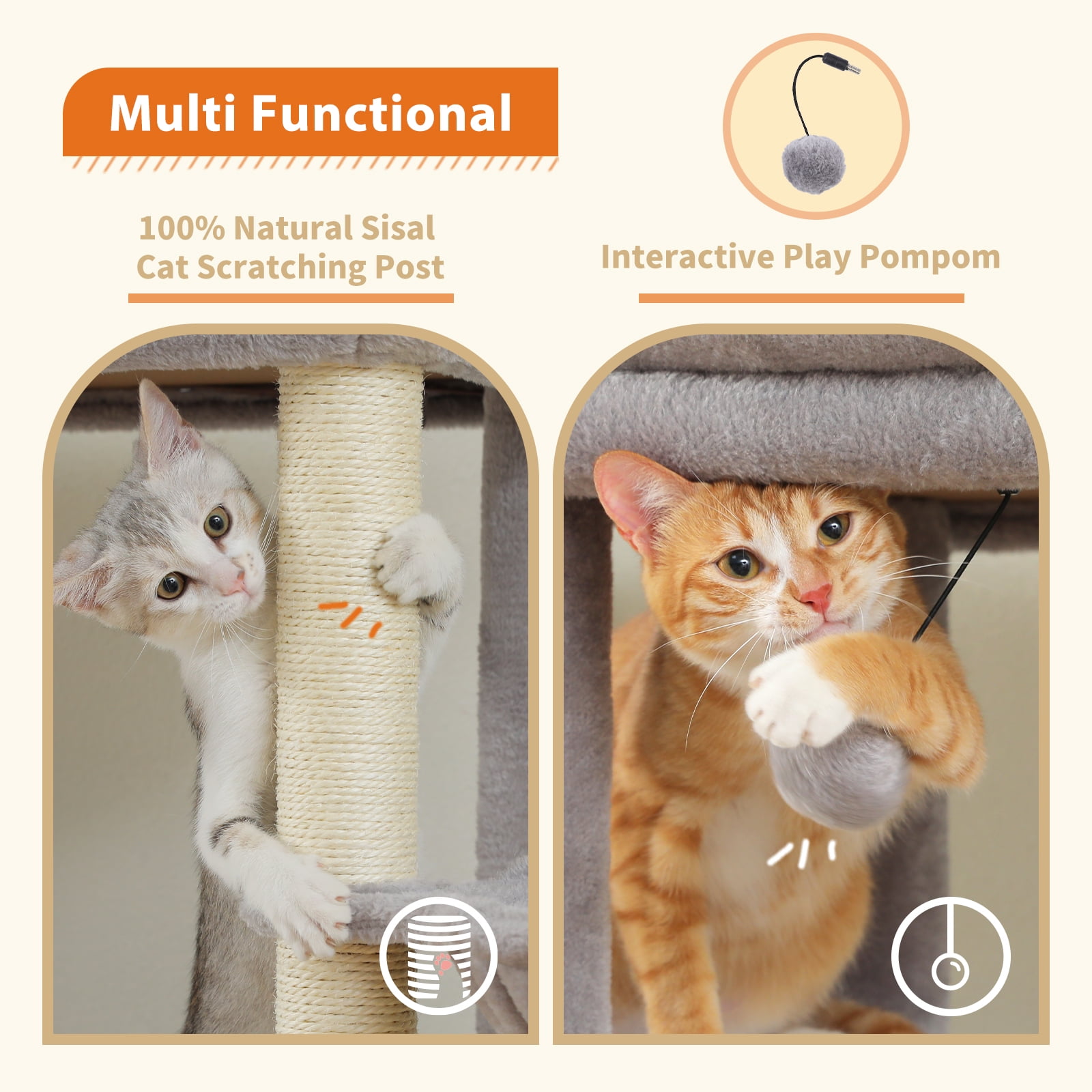 Pefilos 68" Tall Cat Tree Tower for Indoor Big Cats with Extra-Big Top Perch [21" x 17"], 2 Large Condos, Scratching Post and Cozy Hammock, Gray