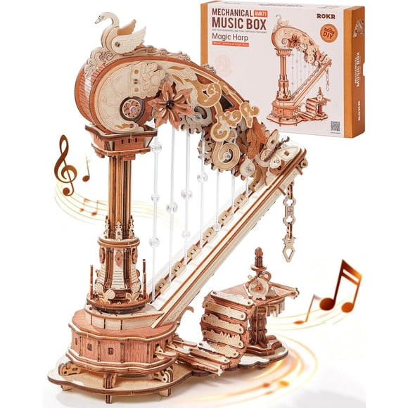 ROKR Magic Harp Music Box Wooden 3D Puzzle, Wooden Mechanical Model Kit with Moving Gears, DIY Gift for Adults