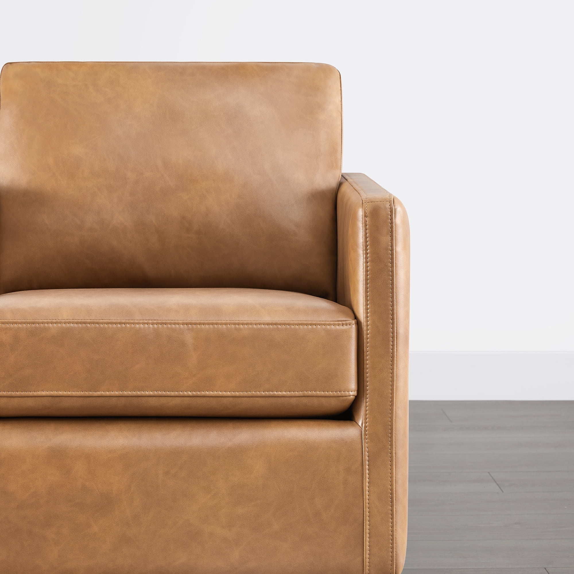 Spruce & Spring Modern Swivel Accent Arm Chair with Plush Cushions and Wooden Base, Single, Cognac Brown-Faux Leather