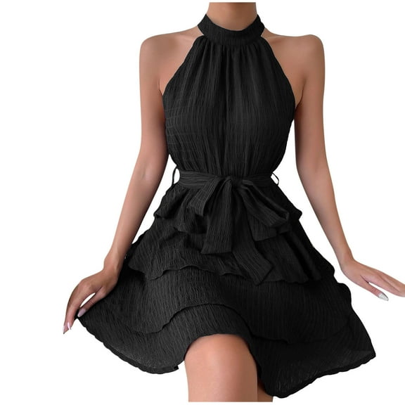 Drses Sleeveless Dress for Women Summer Women Fashion Summer Sleeveless Round Neck Solid Color Flounce Dress Sundress for Women 2024