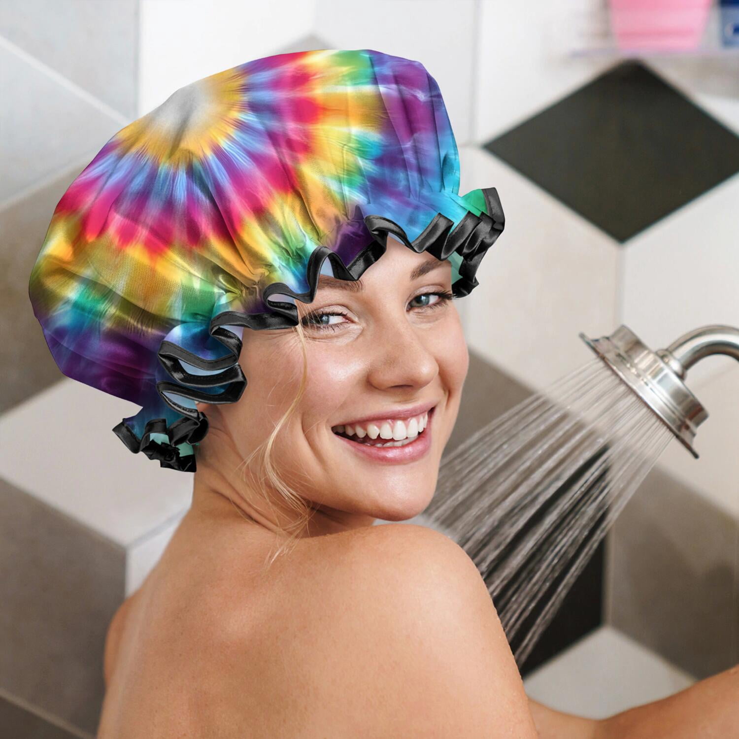 Shower Caps,Rainbow Tie Dye Radial Pattern Waterproof Shower Cap for Women 4 Pieces,Double Reusable Hair Cover for Shower PEVA Elastic Stretch Hem