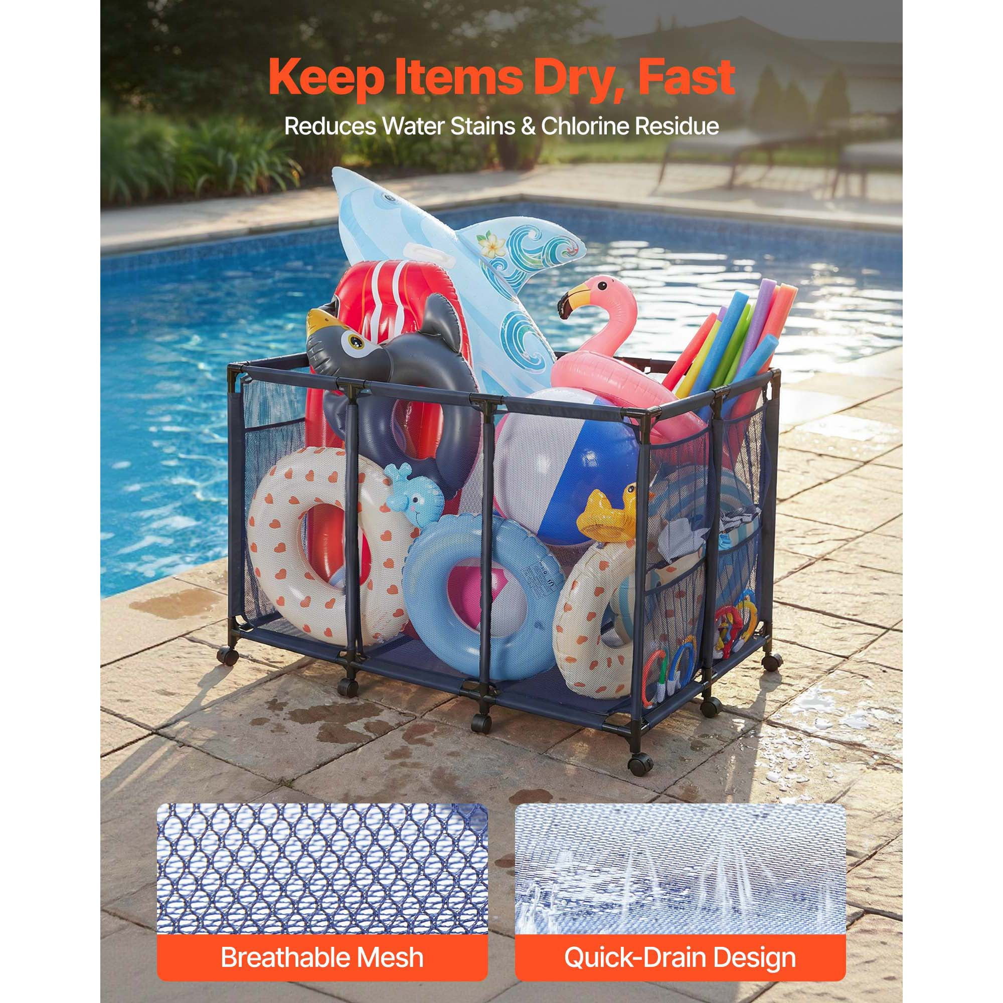 KFFKFF Pool Storage Bin, 48.8 x 32.7 x 32.7 in, Rolling Organizer with Side Pockets & Wheels, Durable Metal Frame, Poolside Toy and Noodle Holder with Mesh Basket for Swimming Areas