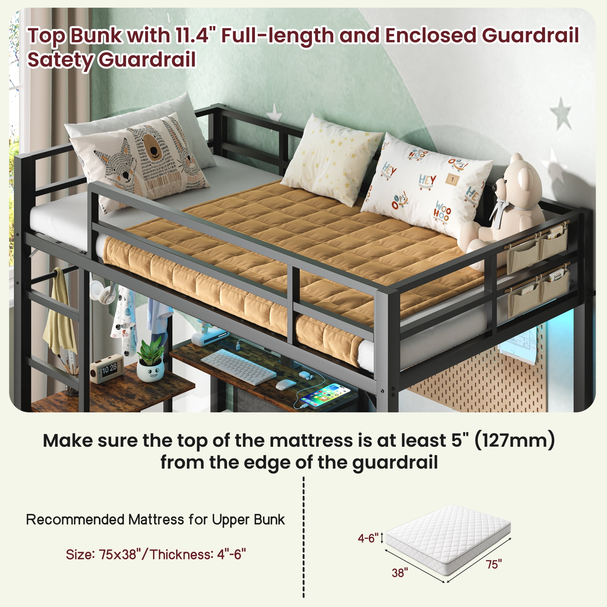 Leumius Metal Bunk Bed with Folding Table, 3 Storage Drawers, Bunk Bed with LED Lights and Charging Stations, Twin Bed with Safety Railings and Ladder for Boys Girls