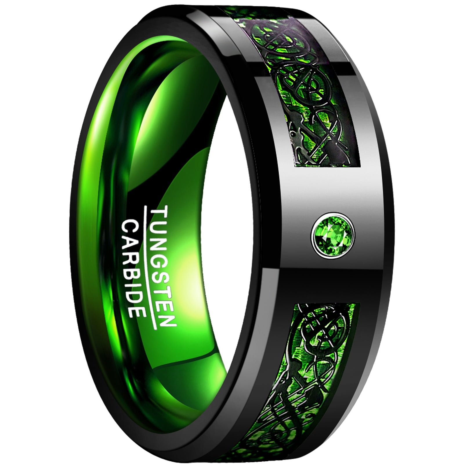 King Will 8mm Tungsten Carbide Ring Black Celtic Dragon Green Opal Inlay Mens Wedding Band Flat Comfort Fit