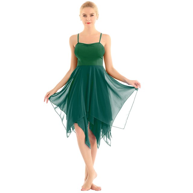inhzoy Robe de Danse Lyrique pour Femmes en Chiffon Bretelles Spaghetti Asymétrique Robe de Bal Verte P
