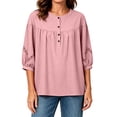 thumbnail image 6 of ClodeEU Women's Linen Blend 3/4 Sleeve Crewneck Shirt Top ,Solid Color Casual Loose Fit Summer Blouse Pink,Women's Plus XL, 6 of 8