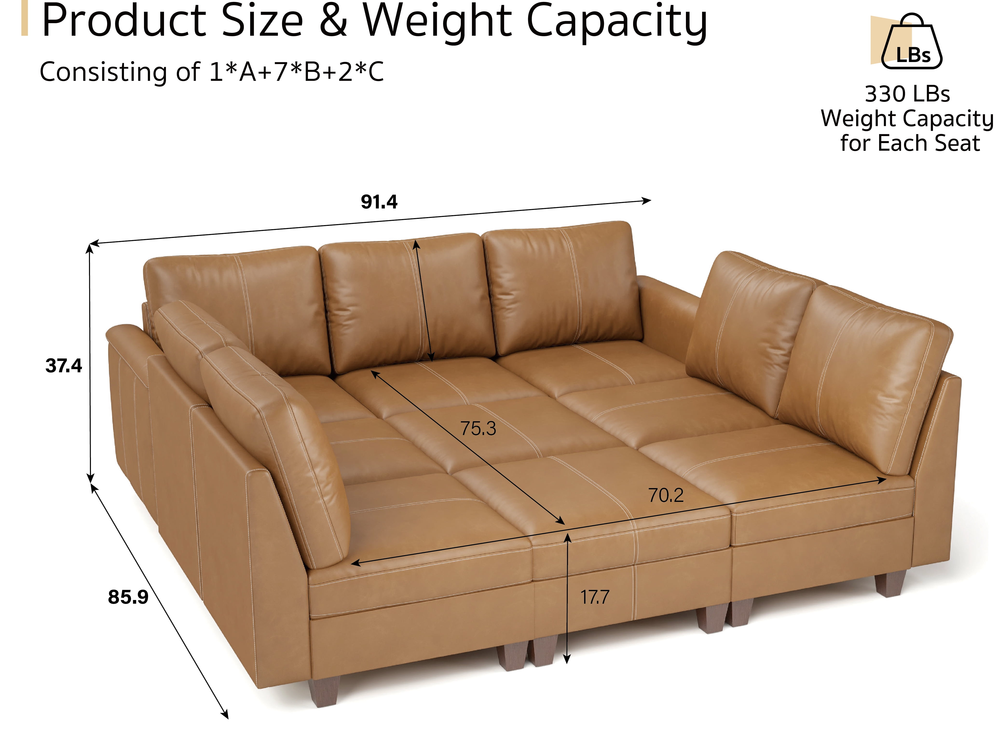 SITJOY 91" Faux Leather Modular Sectional Couches with Storage, Convertible 9 Seat U-Shaped Modular Sleeper Sofa Bed with Ottoman for Living Room, Brown