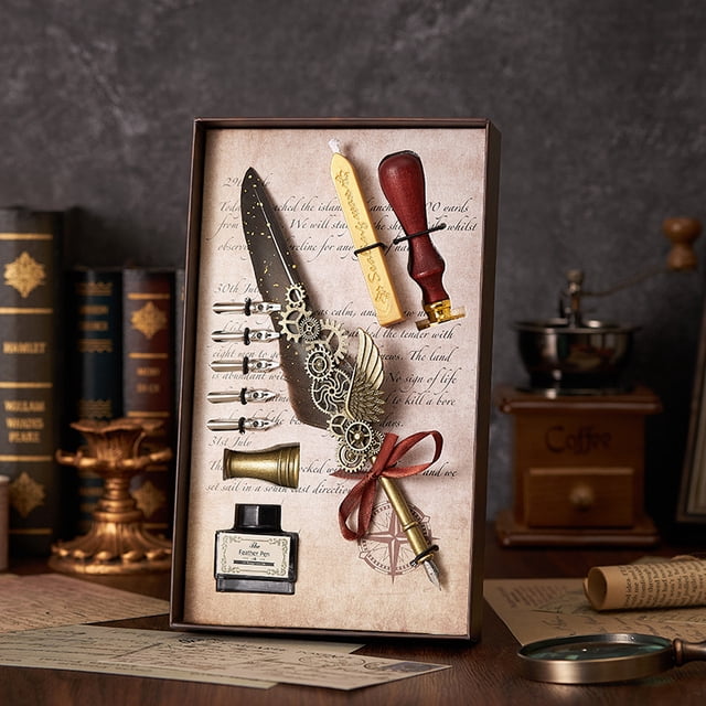 Grey Peacock Mechanical Punk Style Wings Pen Dip Ink Set (Excluding Notebook/Notepad) Suitable for Children's Gifts Father's Day Gifts Halloween Gifts Christmas Gifts