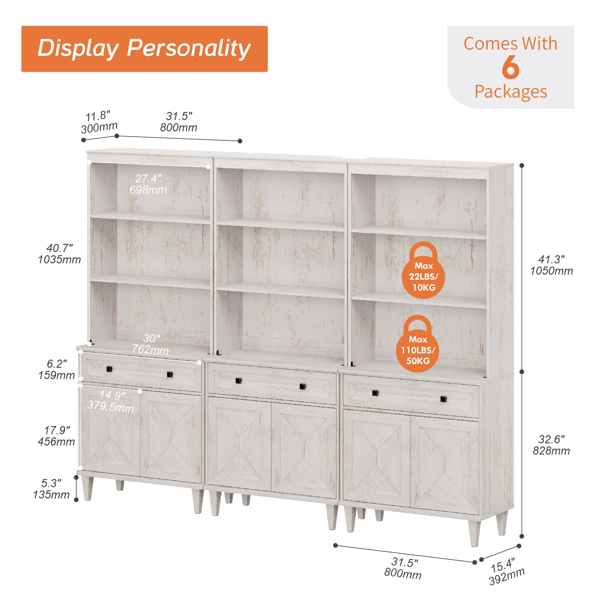WAMPAT Handmade Patchwork 94.5" Wide Tall Bookshelf with Cabinets, White
