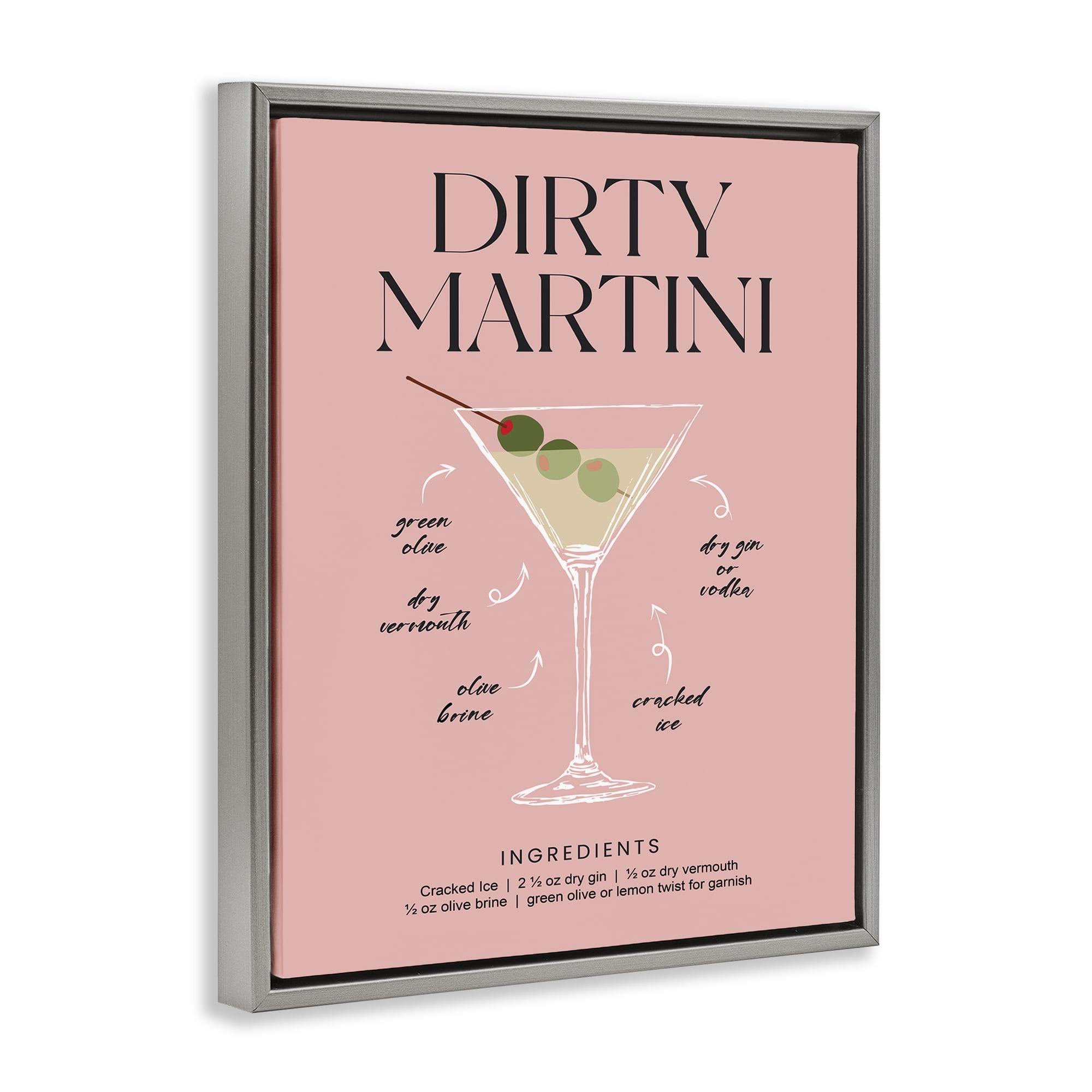 Stupell Industries Dirty Martini Pink Recipe Gray Framed Floater Canvas Wall Art, design by Lettered and Lined