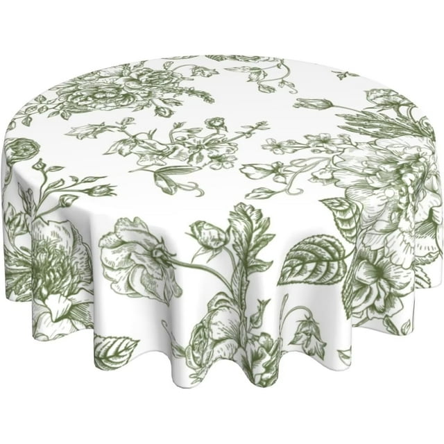 Sage Green Floral Tablecloth 60 Inch Round Chinoiserie Flowers Decorative Table Cloth Rustic Fabric Farmhouse Washable Table Cover for Picnic Party Holiday Home Indoor Outdoor